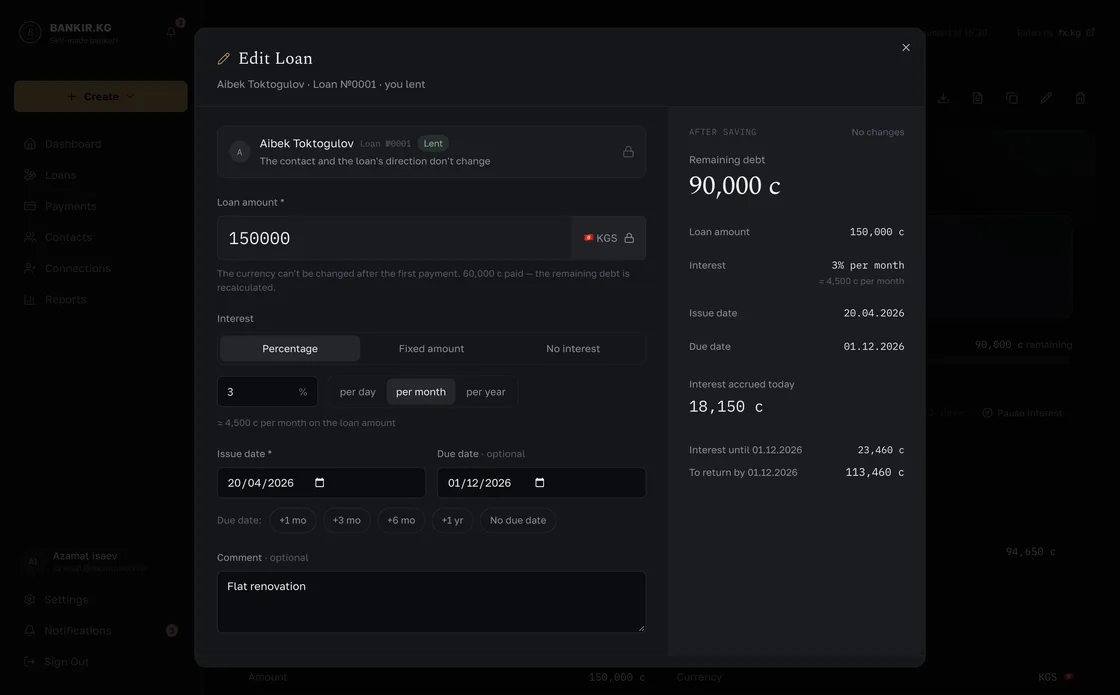 The Edit loan dialog: amount, 3% per month, due date and the recalculated balance and interest on the right; on the phone, the loan card