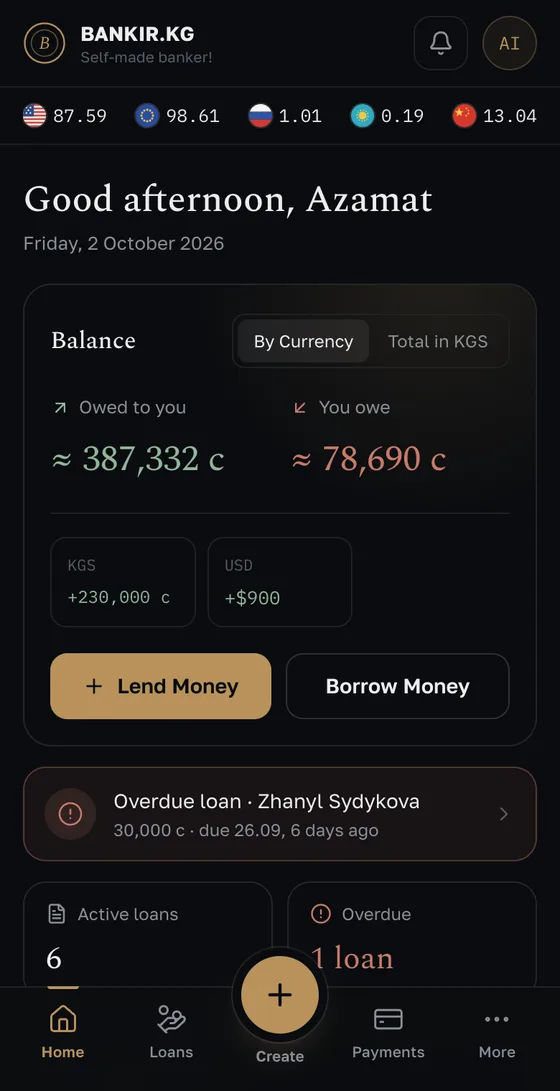 The BANKIR.KG home screen on a phone: how much you are owed and how much you owe, the balance by currency and an overdue loan